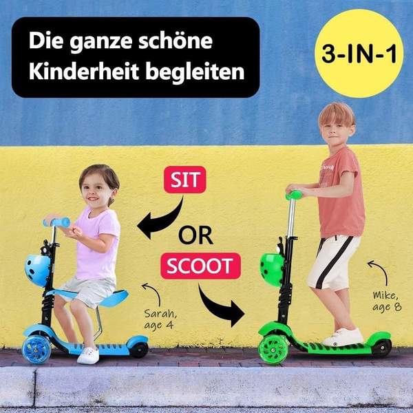 YOLEO 5-in-1 Kinder Roller Scooter, abnehmbarer Karikaturkorb, LED Räder, höhenverstellbarer Lenker, für Kleinkinder ab 2 Jahre, Grün