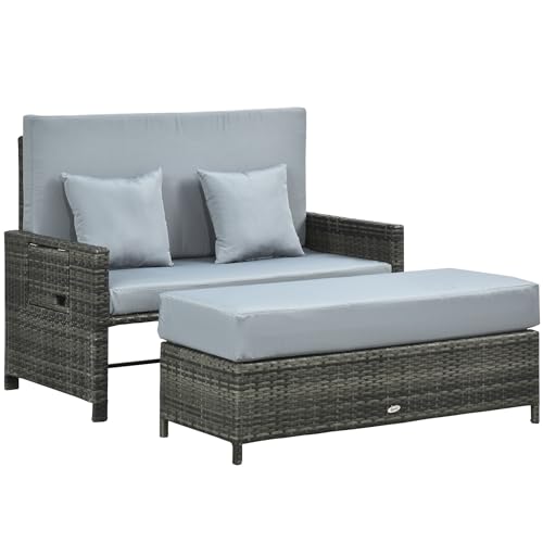 Produktbild: outsunny gartensofa zwei sitzer mit liegefunktion, rattanoptik, grau, 130 x 72 x 96 cm