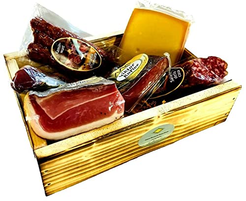 südtiroler spezialitäten geschenkekiste 6er marende von bavaregola - speck, käse, salami, schinken