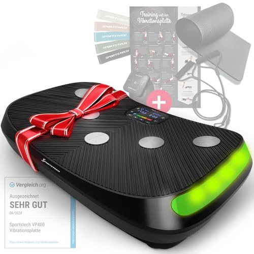 sportstech 4d vibrationsplatte vp400 für zuhause, smart led, trainingsbänder, ropes