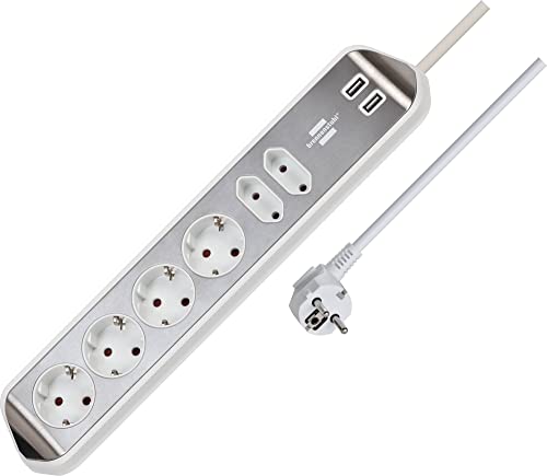 Brennenstuhl Estilo Ecksteckdosenleiste 6-Fach, Tischsteckdose Edelstahl, Silber/weiß