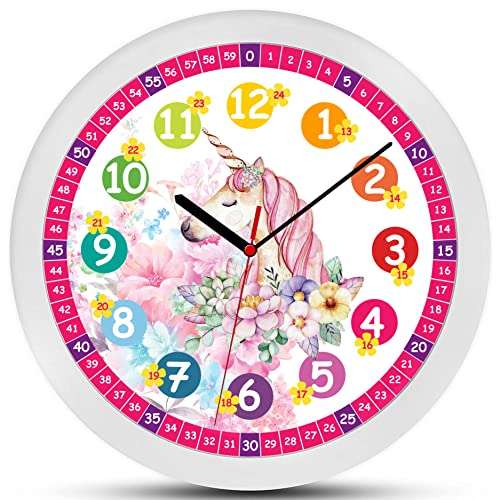 k&l wanduhr kinder rosa einhorn prinzessin lautlos 30cm blumen lernzifferblatt