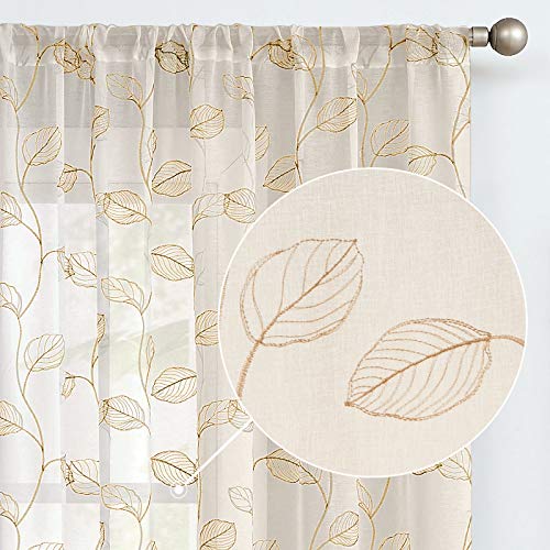 Produktbild: topick vorhang voile transparent beige mit blätter stickerei 2er set 225x140 cm