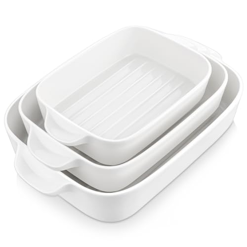 malacasa Auflaufformen Set, 3-teiliges Porzellan Backformen Set mit Griffen, Weiß