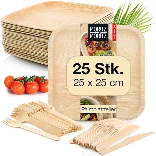 Moritz & Moritz palmblatt geschirrset für 25 personen, 25 teller und besteck einweg