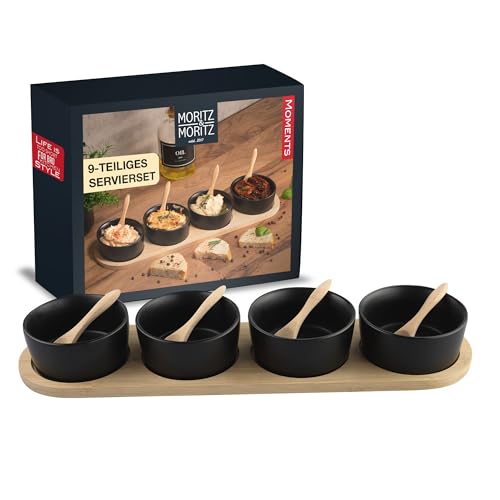 moritz & moritz dipschalen set schwarz 4x keramik mit holzbrett für snacks