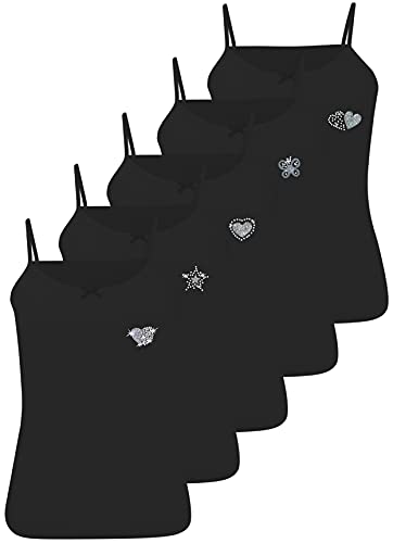 baunwoll unterhemden mädchen 5er set loreza spaghettiträger mit strass glitzer schwarz 104-110