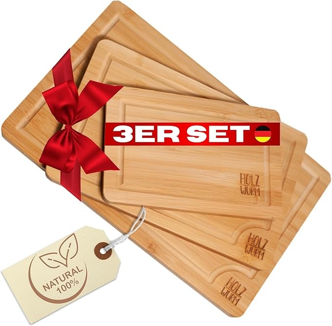 Produktbild: Holzwurm Schneidebrett 3er Set Holz mit Saftrillen  Klingenschonend und pflegeleicht