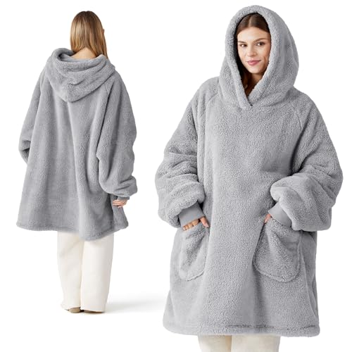 bedsure hoodie decke mit ärmeln grau, tragbare kuscheldecke 95x85 cm für frauen