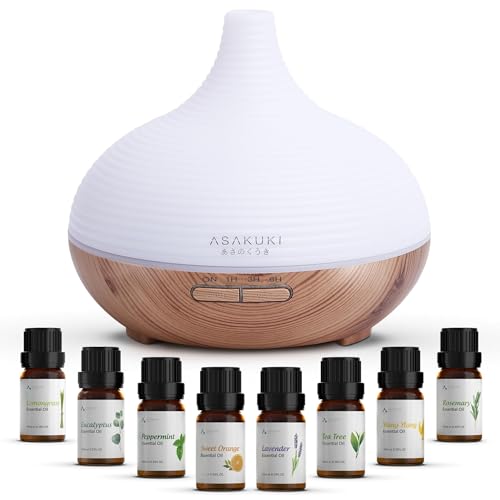 aroma diffuser asakuki 300ml mit 8 ätherischen ölen, 14 farben led, raumbefeuchter