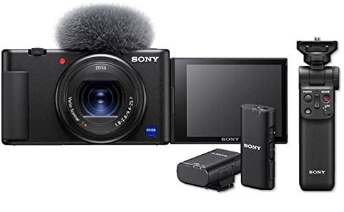 sony vlog kamera zv-1 mit handgriff und mikrofon für videoaufnahmen