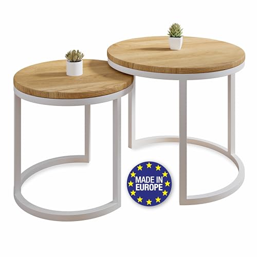 lumarc modena beistelltisch 2er set rund massivholz eiche stahl weiß 50x43 cm 40x38 cm