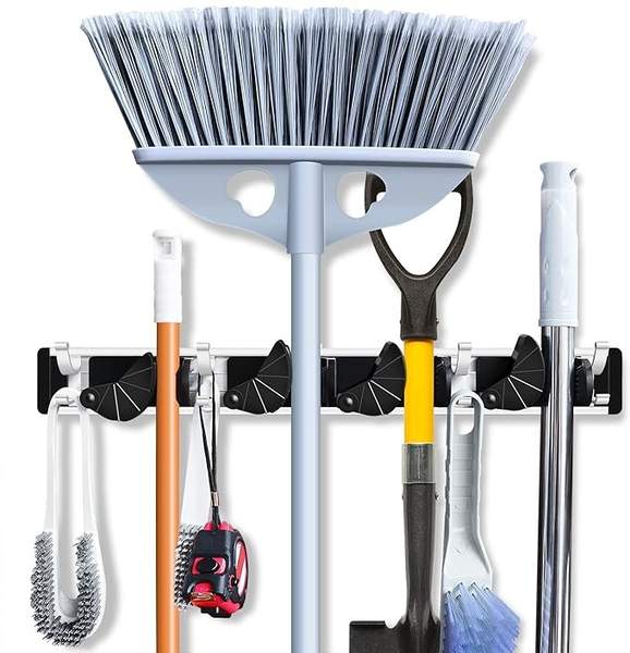 Besen-Organizer mit Wandhalterung, Gartenwerkzeug-Organizer, 4 Positionen, 8 Haken
