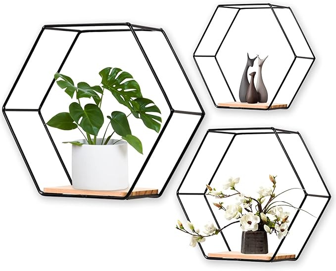 hexagon wandregal 3er-set hängeregal metall holz schweberegal schwarz für küche bad schlafzimmer