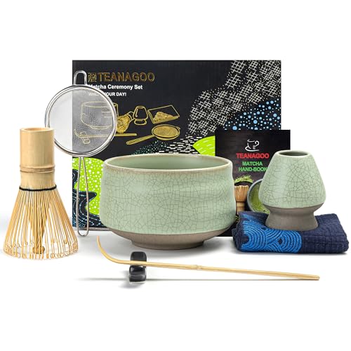 matcha set teanagoo 7 teile mit besen schale whisk schaufel sieb halter lt.grün schwarz