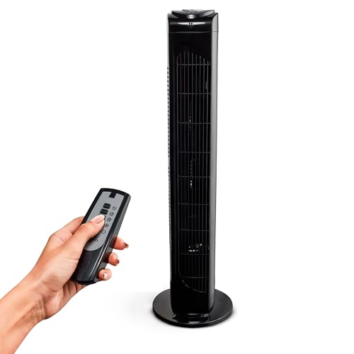medion turmventilator schwarz mit fernbedienung, 3 geschwindigkeitsstufen, timer, oszillation