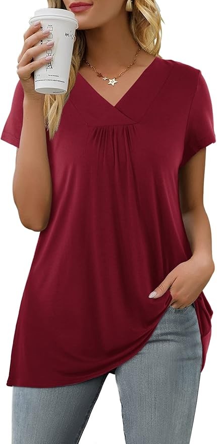 Florboom Damen Shirt Kurzarm Langarm V-Ausschnitt Plissiert Tunika