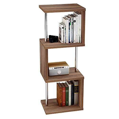 Bestier Bücherregal S-Form, freistehend, 3 Ebenen, Metallrahmen, braun, modern