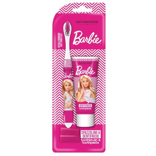 naturaverde kids mundreinigungsset barbie, erdbeer- und karamellzahnpasta 25 ml, zahnbürste