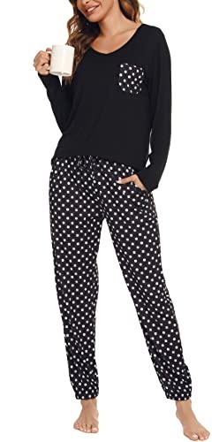 Damen Schlafanzug Langarm Winter Zweiteilig Pyjama Set mit Taschen Schwarz XXL