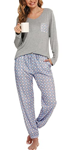 Schlafanzug Damen Langarm Winter Zweiteilig Pyjama Set mit Taschen, Grau, M