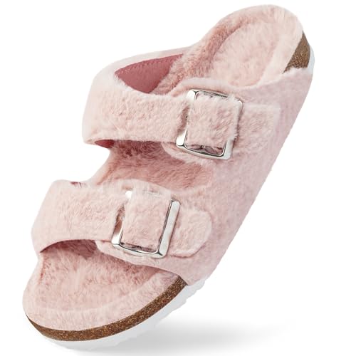 flauschige sandalen damen, harvest land pantoffeln mit kunstpelz, rutschfeste latschen pink 36