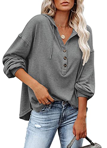 Produktbild: ploknrd damen kapuzenpullover langarm v-ausschnitt knöpfen sweatshirts dunkelgrau, s