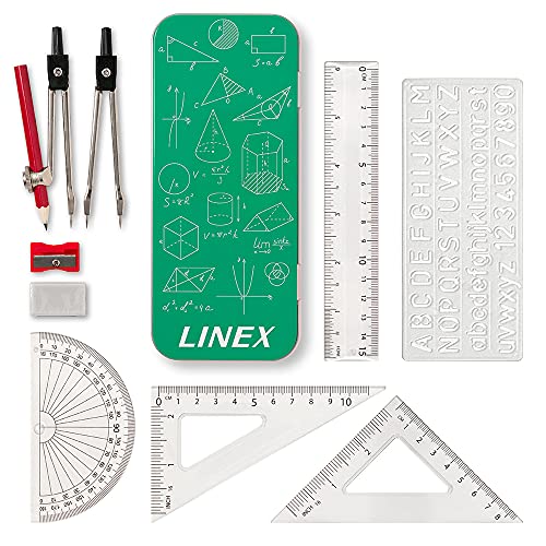 linex geometrie-set mit zirkel, bleistift, radierer, spitzer, winkelmesser, geodreieck, lineal, metallbox