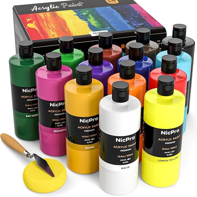 Acrylfarben Set 14 x 500 ml, Große Flasche in 14 Farben von Nicpro