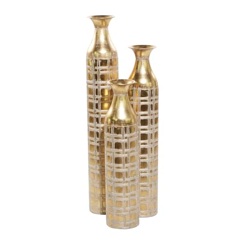 deco 79 metall-vase 3er-set distressed-optik mit gittermustern gold 35 30 25 zoll