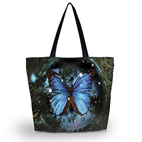 strandtasche mit reißverschluss, newplenty einkaufstasche faltbar, große wasserdichte umhängetasche damen (blauer schmetterling)