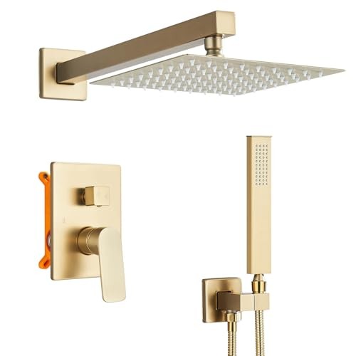 Einbau-Duschsystem Ventil Wandmontage quadratischer Regenduschkopf 20 cm goldfarben