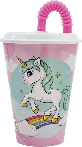 einhorn mehrwegbecher 430 ml für kinder mit deckel und strohhalm - regenbogen