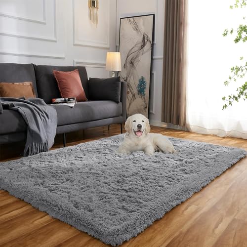 evitany flauschiger teppich grau 160x230 cm hochflor waschbar für wohnzimmer schlafzimmer büro