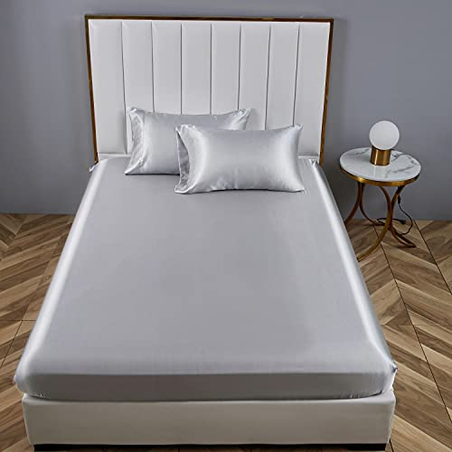 Boqingzhu Satin Spannbettlaken 140x200cm Grau hellgrau uni für bis 30cm Matratze