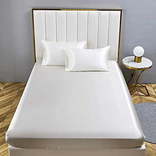 Boqingzhu Spannbettlaken 160x200cm Weiß Satin Microfaser für bis 30cm Matratze