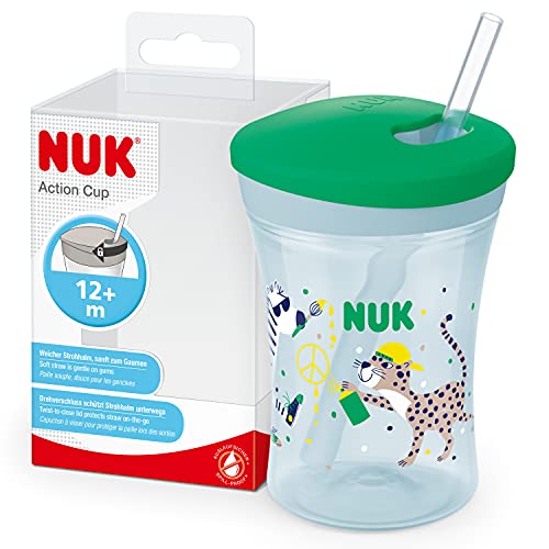 nuk action cup kinder trinkbecher 12+ monate 230 ml auslaufsicher mit strohhalm grün leopard