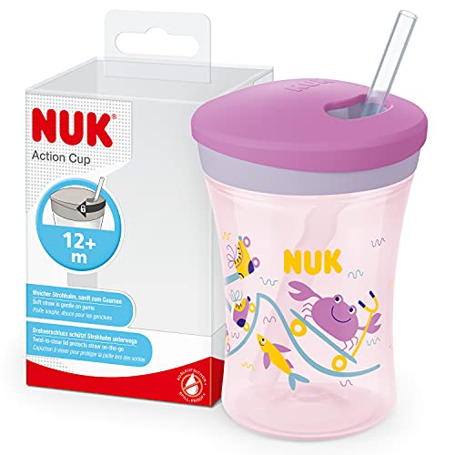 nuk action cup kinder trinkbecher mit drehdeckel und strohhalm 230 ml lila auslaufsicher BPA-frei