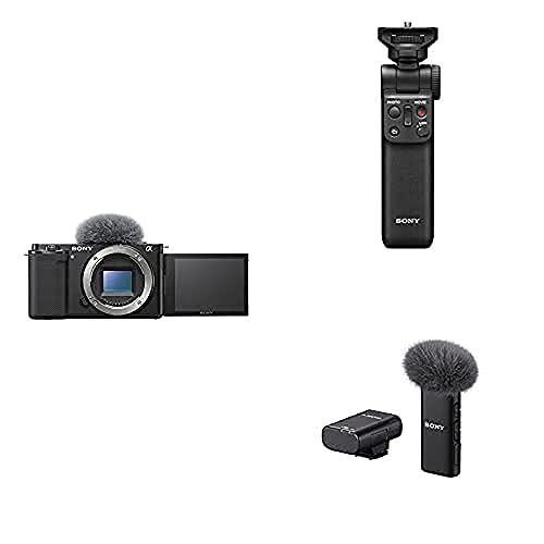 sony alpha zv-e10 spiegellose vlogging kamera 4k mit handgriff und mikrofon