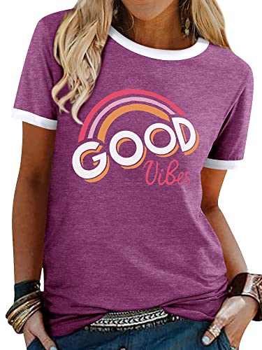 WIEIYM Damen T-Shirt kurzarm rundhals Good Vibes Regenbogen Lila Tops S