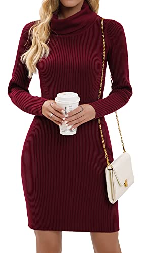 imuedaen strickkleid damen rollkragen elegant langarm pullover herbst winter burgund, l