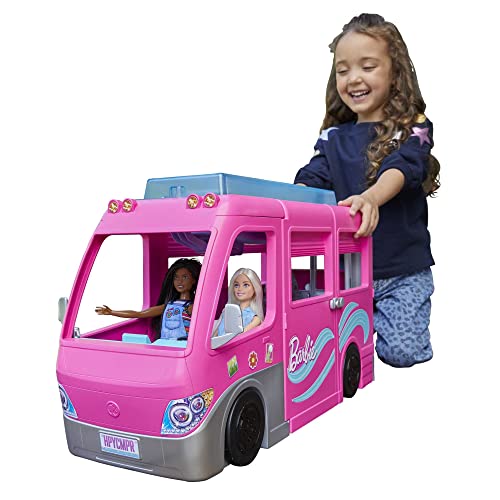 barbie camper mit 7 spielbereichen, pool und rutsche, 60 zubehörteile, ab 3 jahren