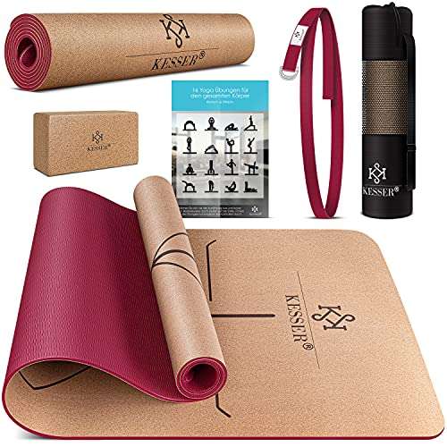 kesser yogamatte kork rutschfest aus naturkautschuk mit yoga-block und tragetasche 183 x 62 cm