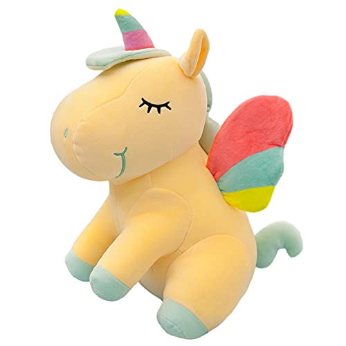 einhorn stofftier spielzeug hockend sitzend weich mit regenbogenflügeln 25 cm gelb