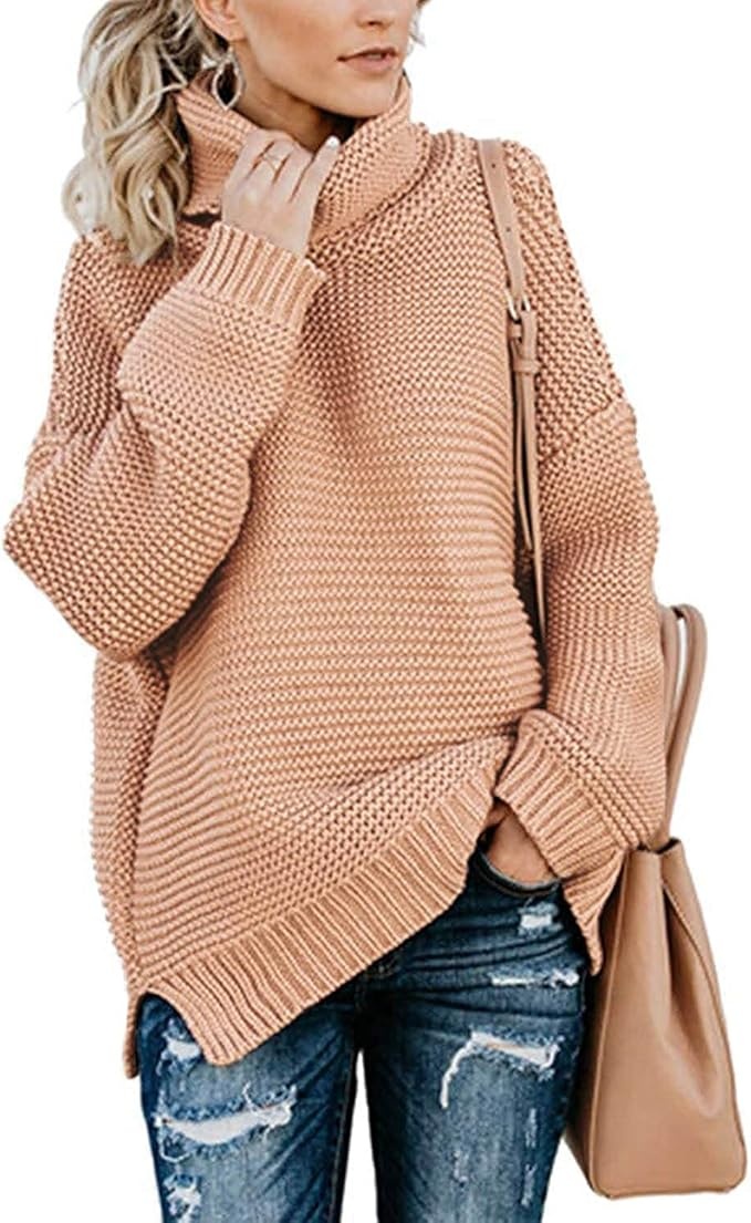 Damen Pullover Elegant Rollkragen Langarm Strick Sweatshirt Oberteil (A Rosa, M)