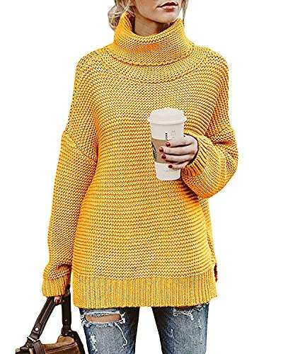 imuedaen damen pullover rollkragen langarm strick sweatshirt winter gelb L