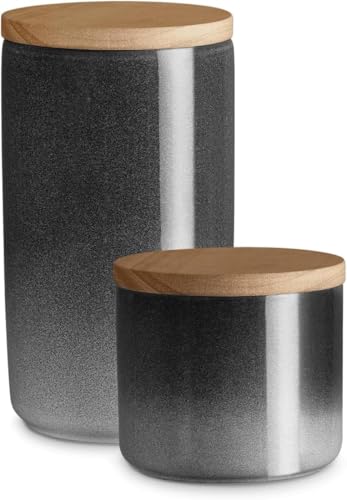 Produktbild: Springlane Keramik Vorratsdosen 2er Set - 900 ml & 380 ml, Grau mit Holzdeckel