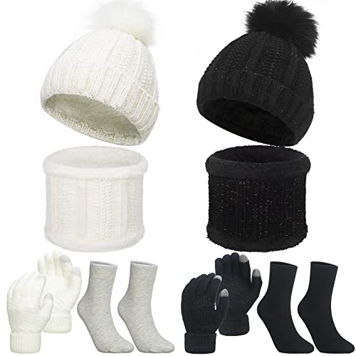 wintermütze set 8-teilig mit schal, handschuhen, nackenwärmer, pompon, schwarz, weiß, grau, cremeweiß