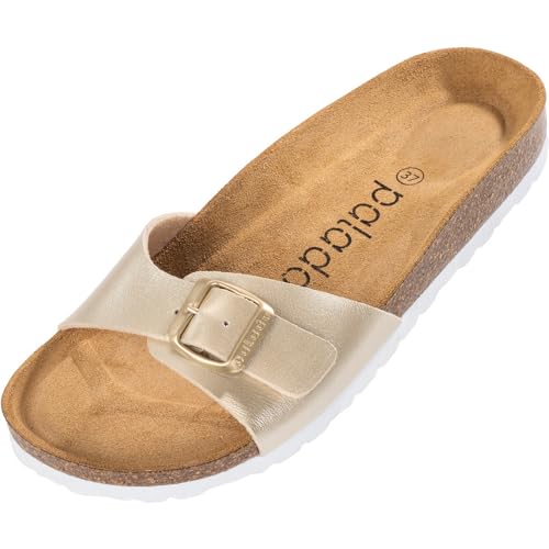 Palado Damen Pantoletten Malta, bequeme Sandalen aus Natur Kork, Leder Sohle Gold 40 EU