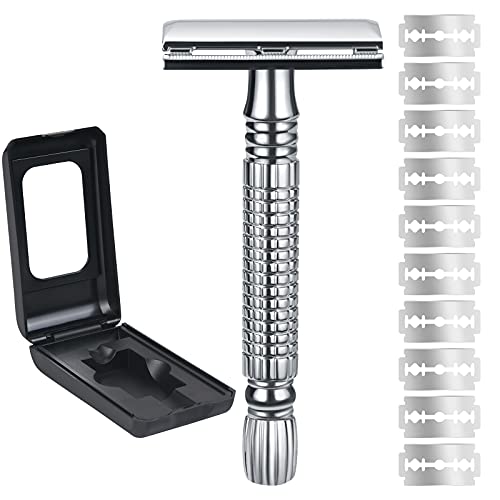 uraqt rasierhobel herren, edelstahl safety razor, 2-seitiger klingenkopf, silber